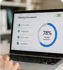 A laptop screen showing an eligibility assessment with a 78% score