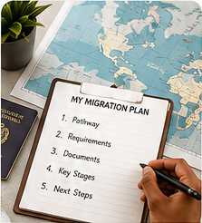 A handwritten migration plan checklist — pathway, requirements, documents, key stages, next steps — next to a world map